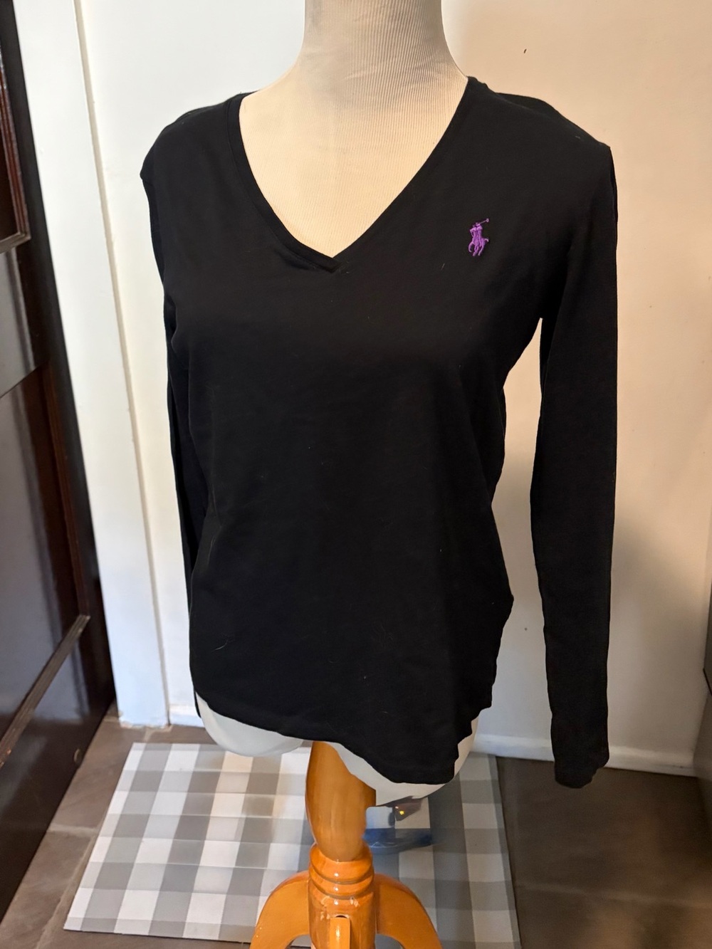 Ralph Lauren Black V-Neck Long Sleeve Top with Purple Pony